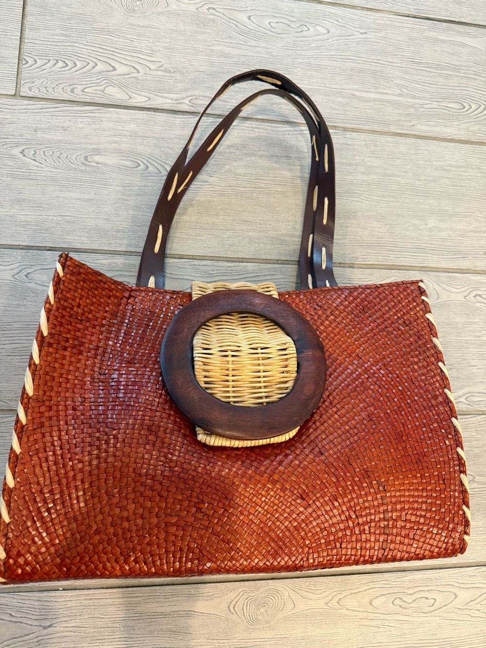 Vintage Woven Straw , Wicker / Wood Buckle Clasp and Brown Leather Handle  Bag